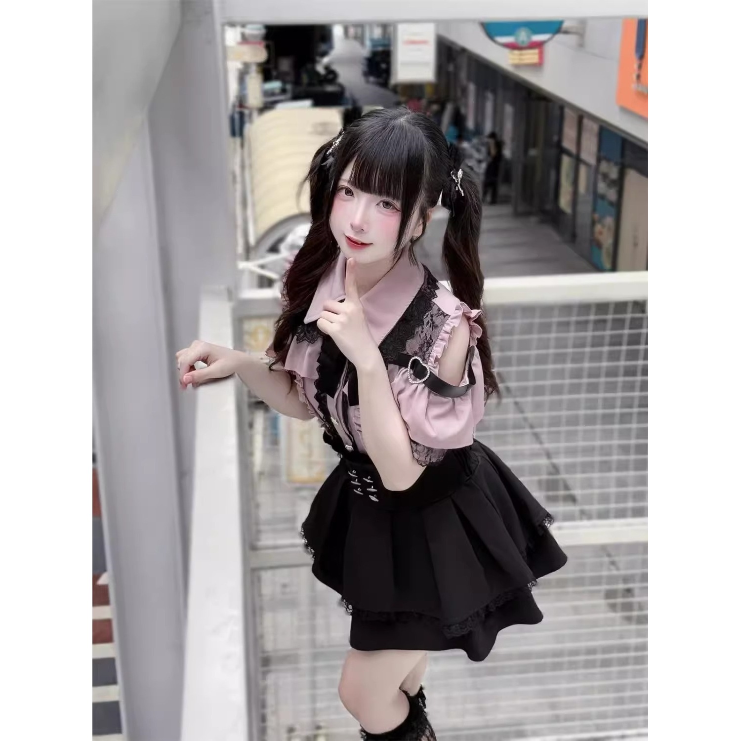 Lace Jk Japanese-Style Sweet Girl Meets College-Style Girl Three-Color Off-Shoulder Shirt High-Waisted Skirt Two-Piece Set