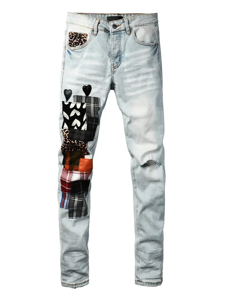 Amr Jeans Mx1 American Style silm pants Taiyi Street High Street Ripped Patch Tight Men's Denim