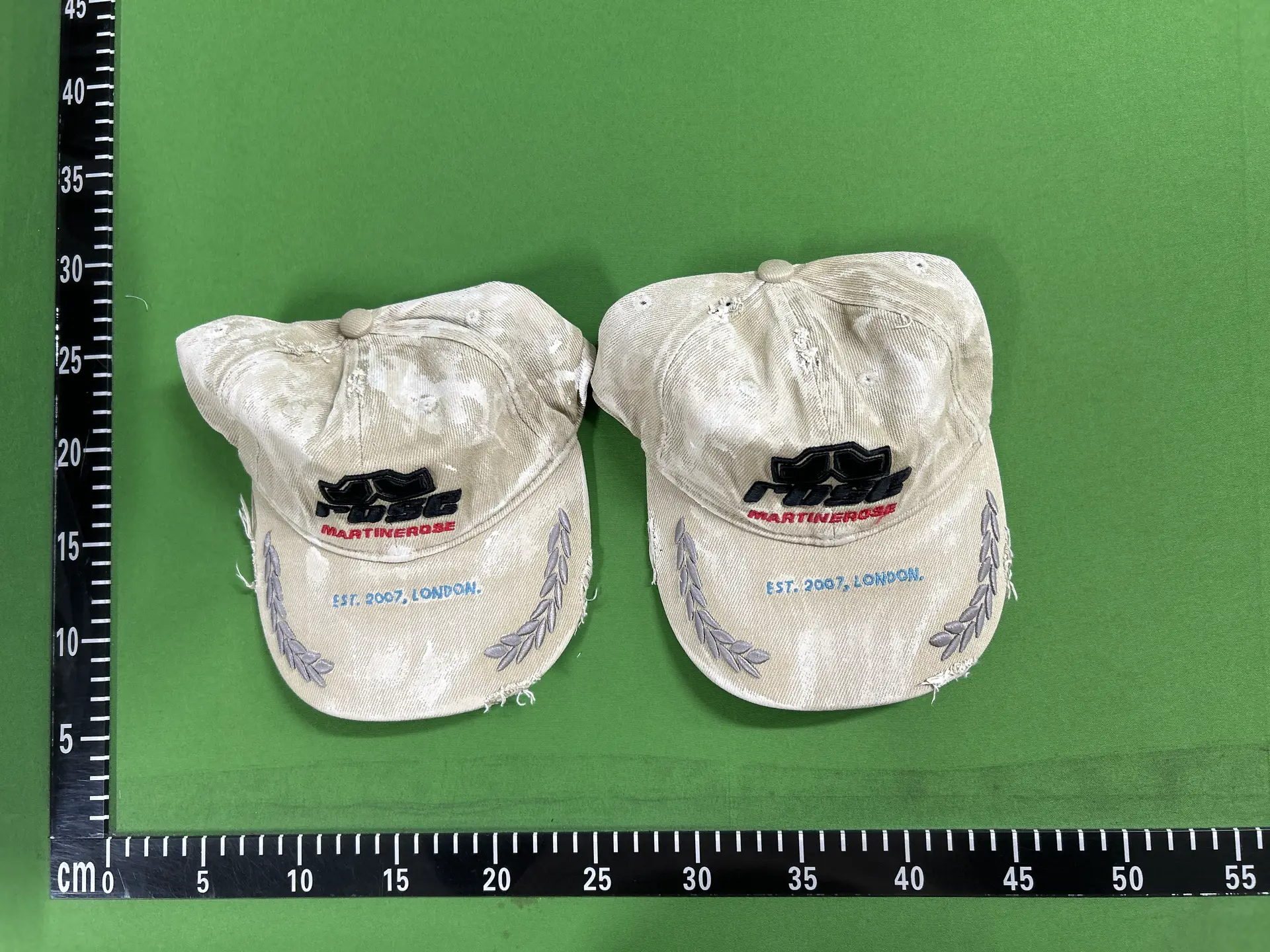 Martine Rose 24FW water washed distressed baseball cap with broken brim embroidered dome duckbill cap
