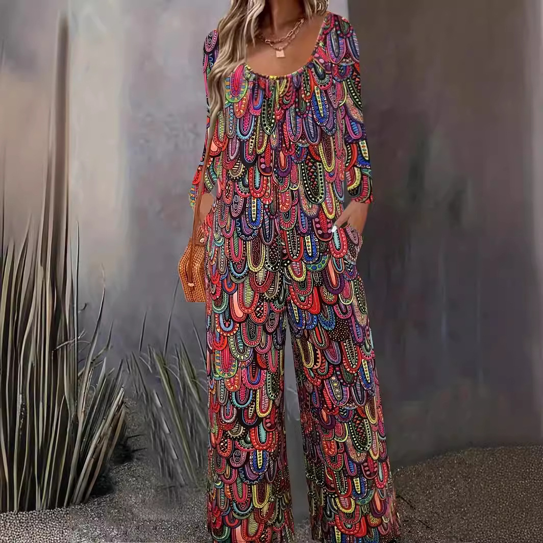 2024 European and American New Women's Feather Print Wide-Leg Long Pants Round Neck Pocket Loose Long-Sleeve Jumpsuit for Women