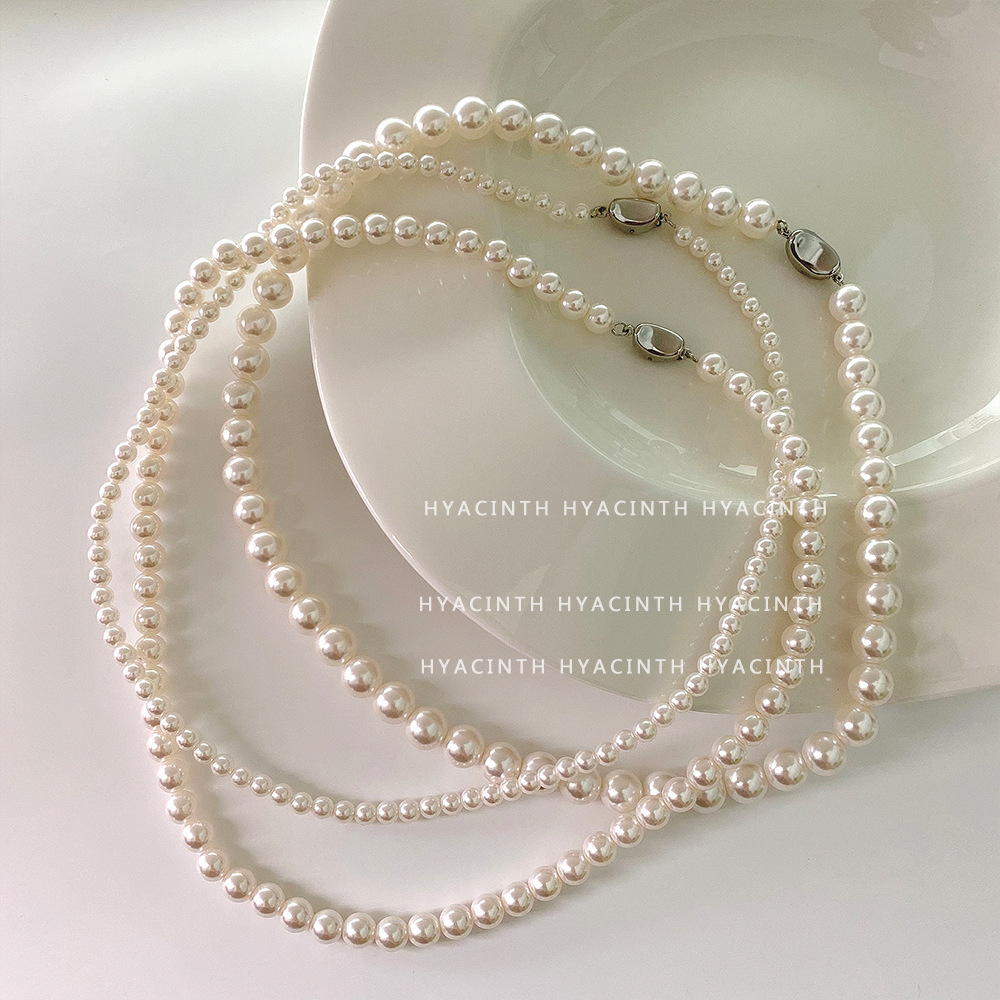 Fever Simple Pearl Necklace Spring and Summer Shijia Yuanbao Buckle Clasp Chain Woolen Chain Women's All-match High-end Sense