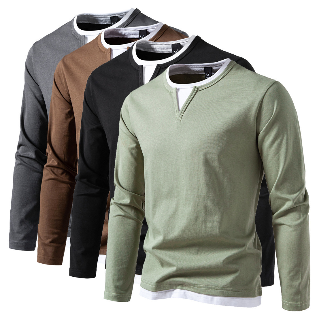 Cross-border Men's T-shirt Fake Two-piece Double-layer V-neck Autumn and Winter Fashion Stitching plus size Base Shirt Men's Long-sleeved T-shirt