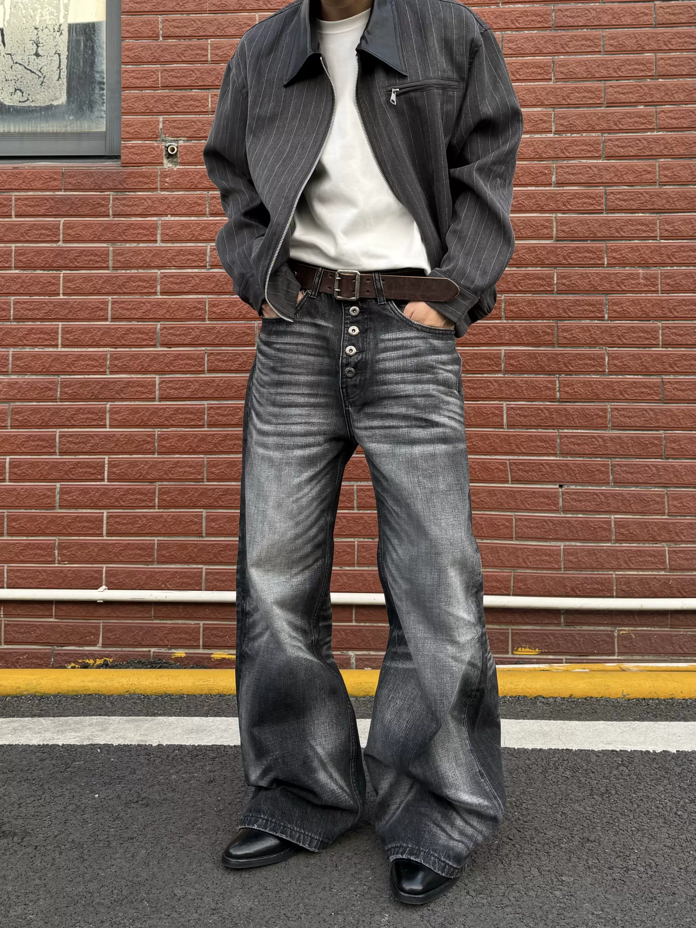 American Retro Cleanfit Five-Button Whiskered A-Line Black Jeans Unisex Trendy Loose Straight Casual Pants