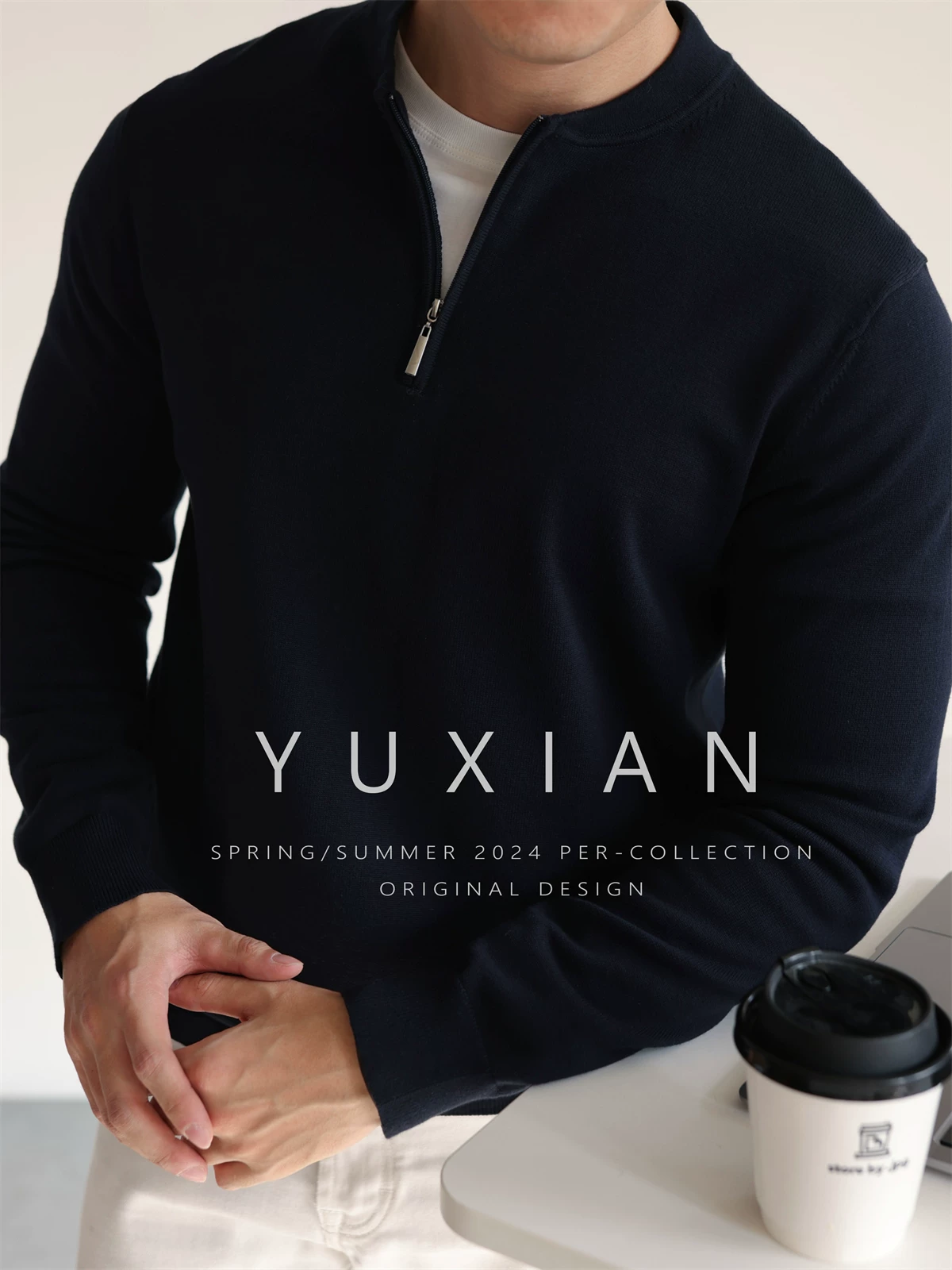YUXIAN Black Half-Zip Knit Sweater