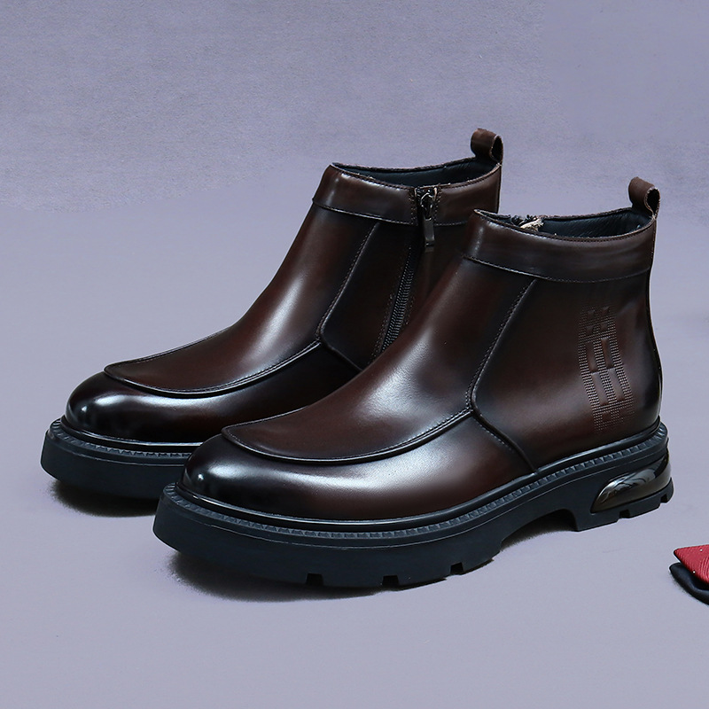 Soft Cowhide Martin Boots Men's Low Top Genuine Leather English Style Thick Bottom Fashionable Ankle Boots Mid Top Zipper Chelsea Boots Men