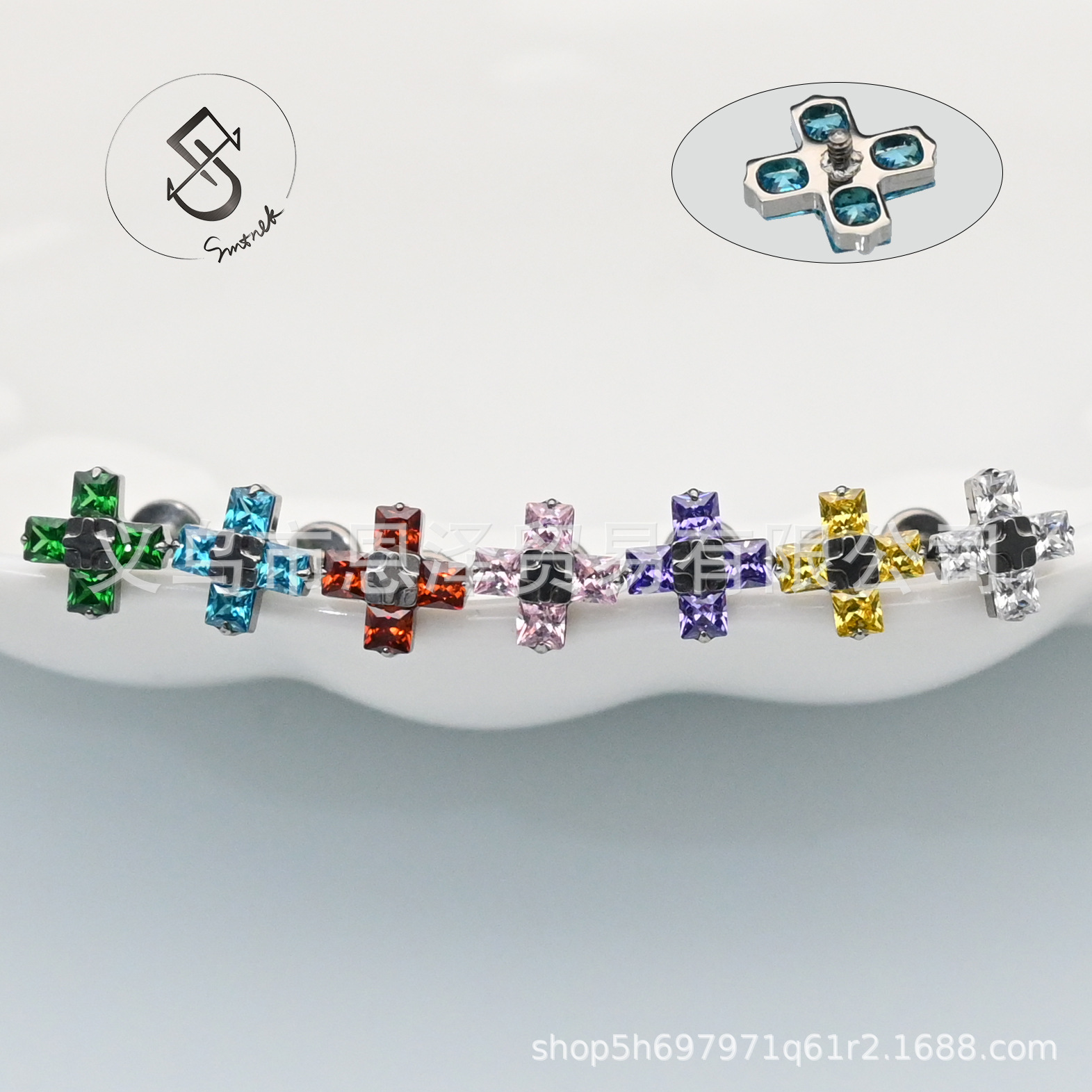 F136 Titanium Alloy 5A Cubic Zirconia Cross Earrings Colorful Three-Dimensional Cross Zirconia Lip Studs Piercing Ear Jewelry