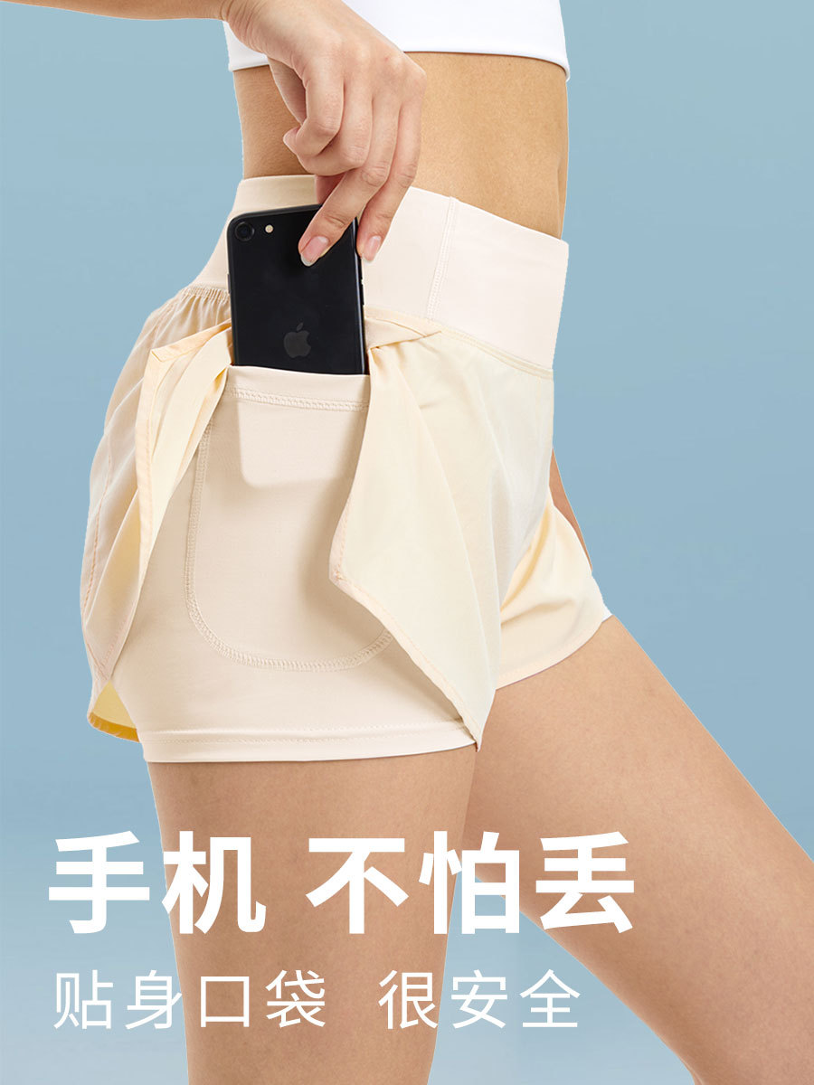 Summer Women's Thin Mid-Waist Breathable Side Pockets Quick-Drying Fake Two-Piece Anti-Exposure Sports Running Yoga Fitness Shorts