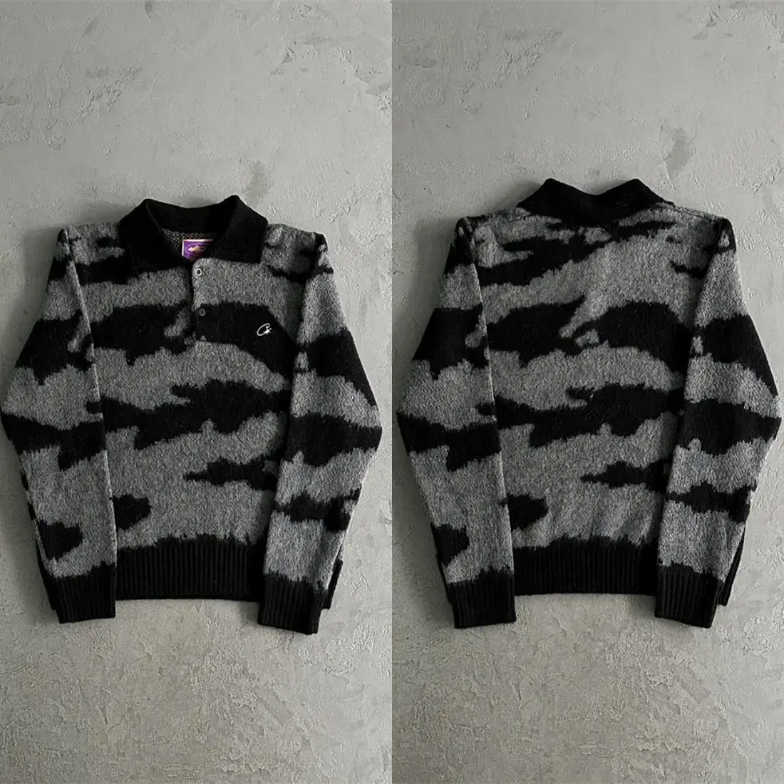 Corteiz Niche Autumn and Winter Black and Gray Camouflage Sweater Men's lazy style Blended Yarn Knitting Sweater Off-White Casual