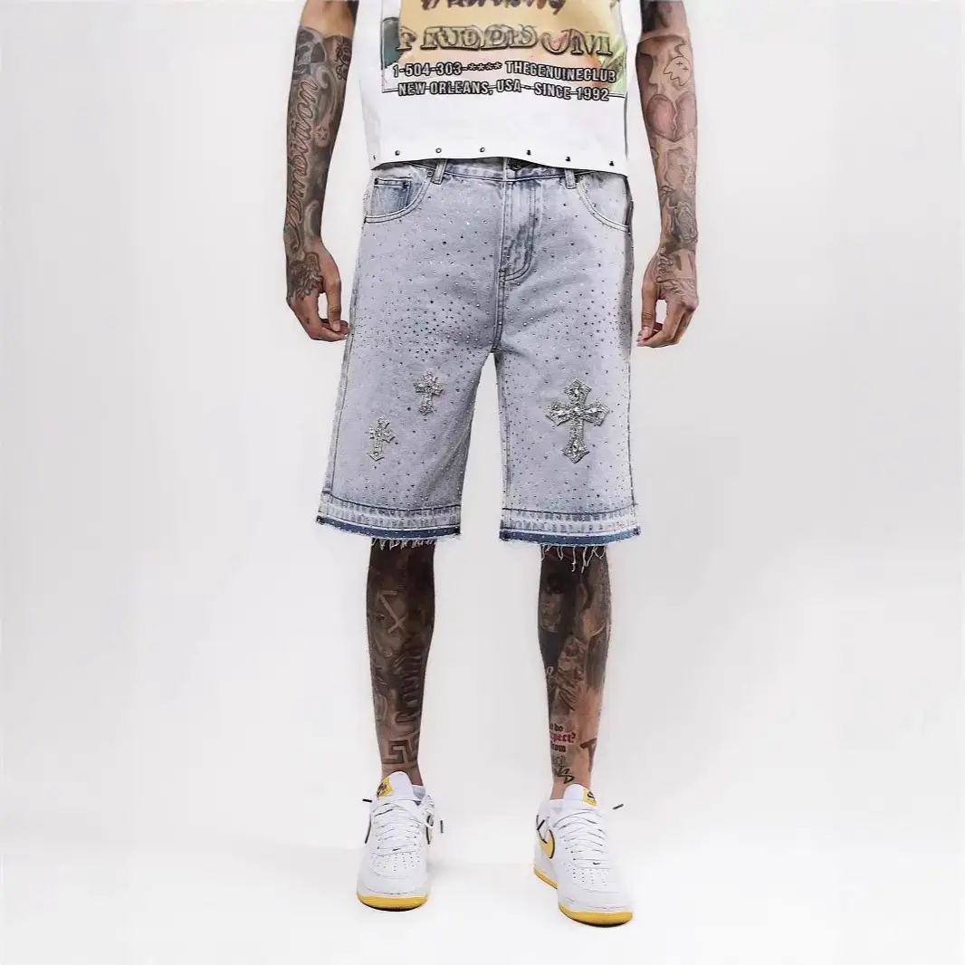 European and American Cross-Border 2025 New Hip-Hop Cross Straight Hot Diamond Denim Shorts High Street Full Diamond Five-Point Jeans
