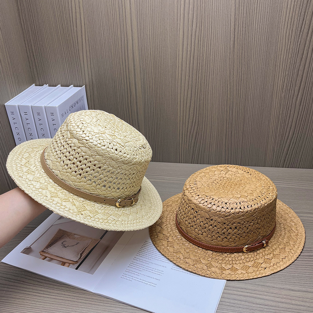 British Style Retro Flat-Top Straw Hat for Women Summer Cut Out Sun Protection Hat Seaside Resort Style Straw Sun Hat
