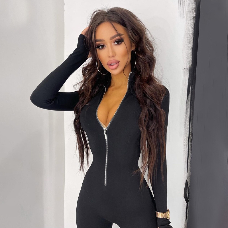 European Cross-Border Autumn Women's Clothing Amazon Solid Color Long-Sleeved Zipper Waist-Slimming Sports Yoga Jumpsuit Wholesale