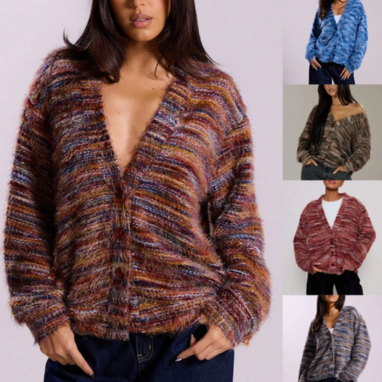 2026 Cross-Border European and American Amazon New Retro Fashion Deep V-Neck Design Melard Plush Long-Sleeve Cardigan