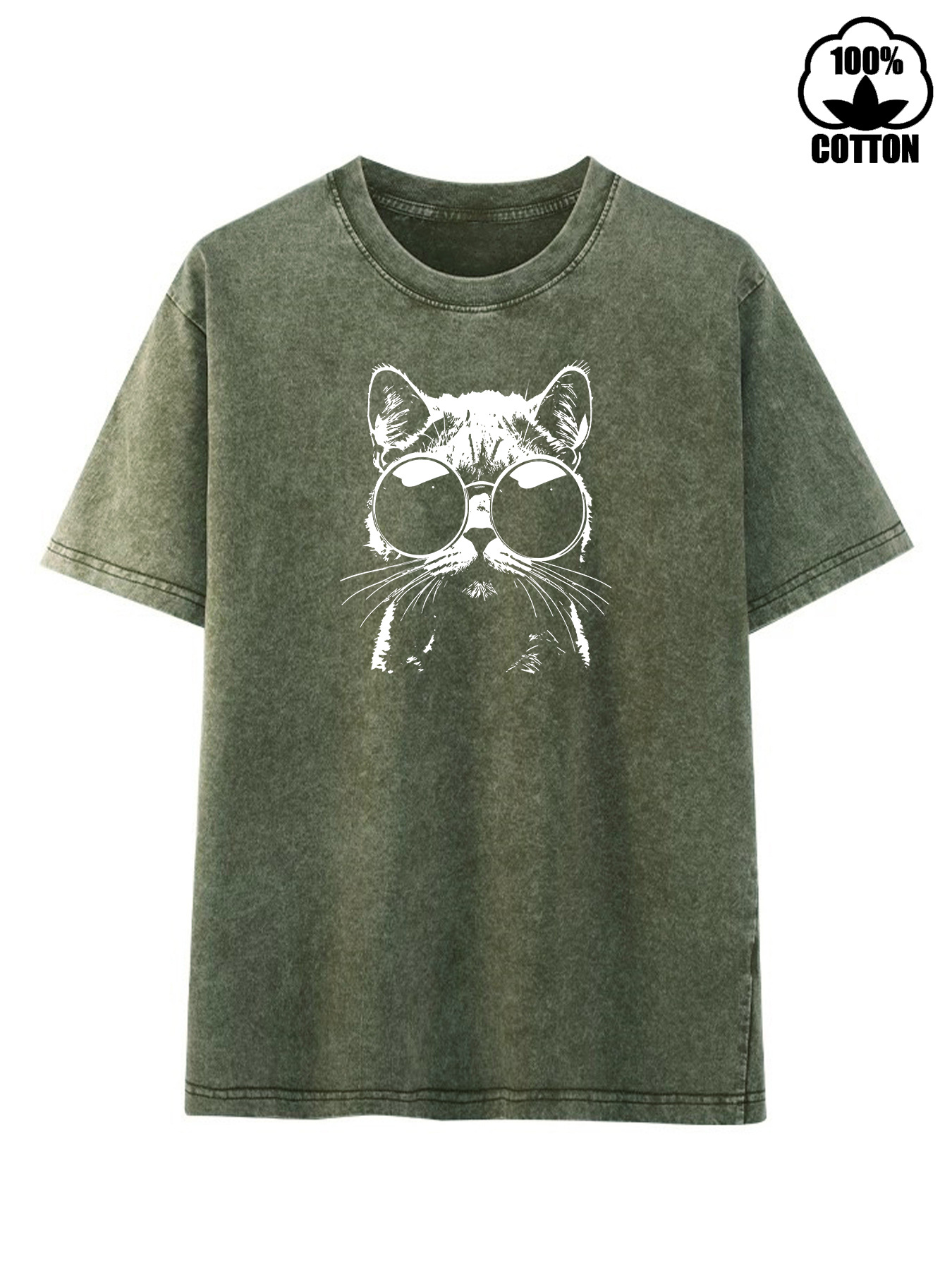 Amazon Independent Site European and American Pure Cotton Washed Retro Simple Cat Print Round Neck Loose Short-Sleeved Large Size T-Shirt