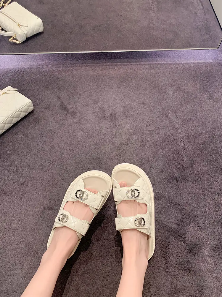 【Su Yinyin】High-Quality Version ~ Tweed Style Genuine Leather Velcro Thick-Soled Casual Women's Slippers for Summer Wear