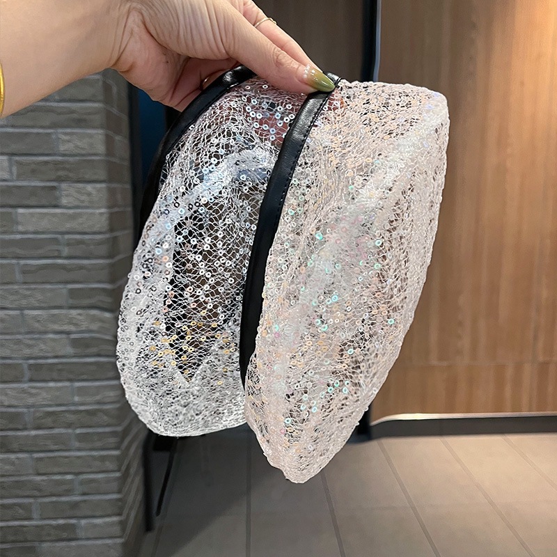Korean-Style Beret for Women with Sequins and Lace, Summer Thin Artist Hat, British Breathable Hollow-Out Trendy Beret Octagonal Hat