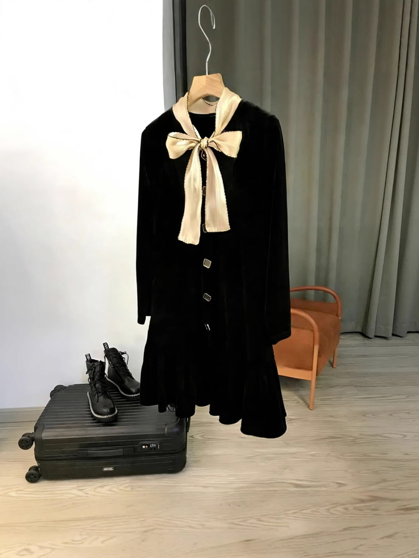 In-Stock Bowknot~H Age-Reducing Dress Long-Sleeve French Velvet Dress Clothing Wholesale