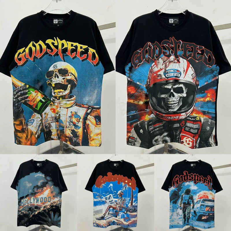 高品质Godspeed夏季INS男女同款短袖满印骷髅太空人logo印花棉T恤