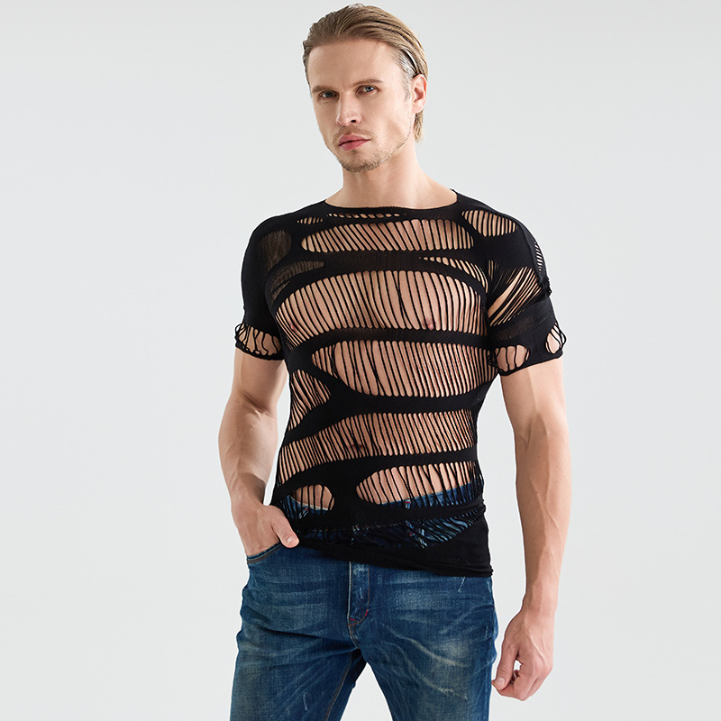Pxfs European and American Export Sexy Mesh Clothing Cut Out Hip-Covering Long-Sleeved See-Through Sexy Intimates for Men Ns1003
