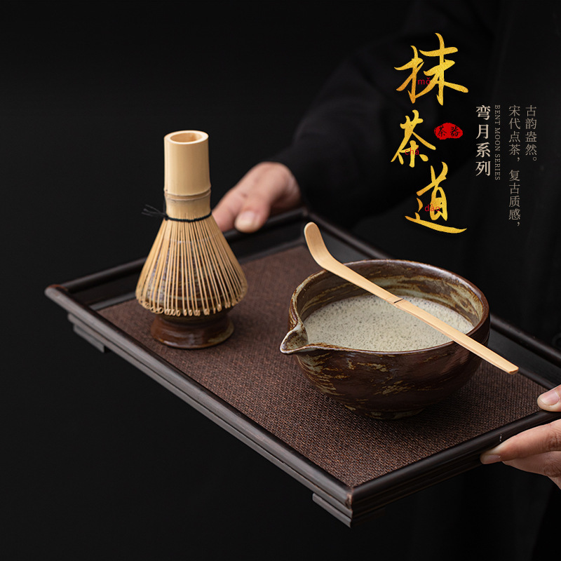 2025 New Japanese-Style Coarse Pottery Matcha Set with Tea Whisk Holder, Matcha Bowl, 100-Prong Whisk, Tea Spoon, and Song Dynasty Tea Utensils
