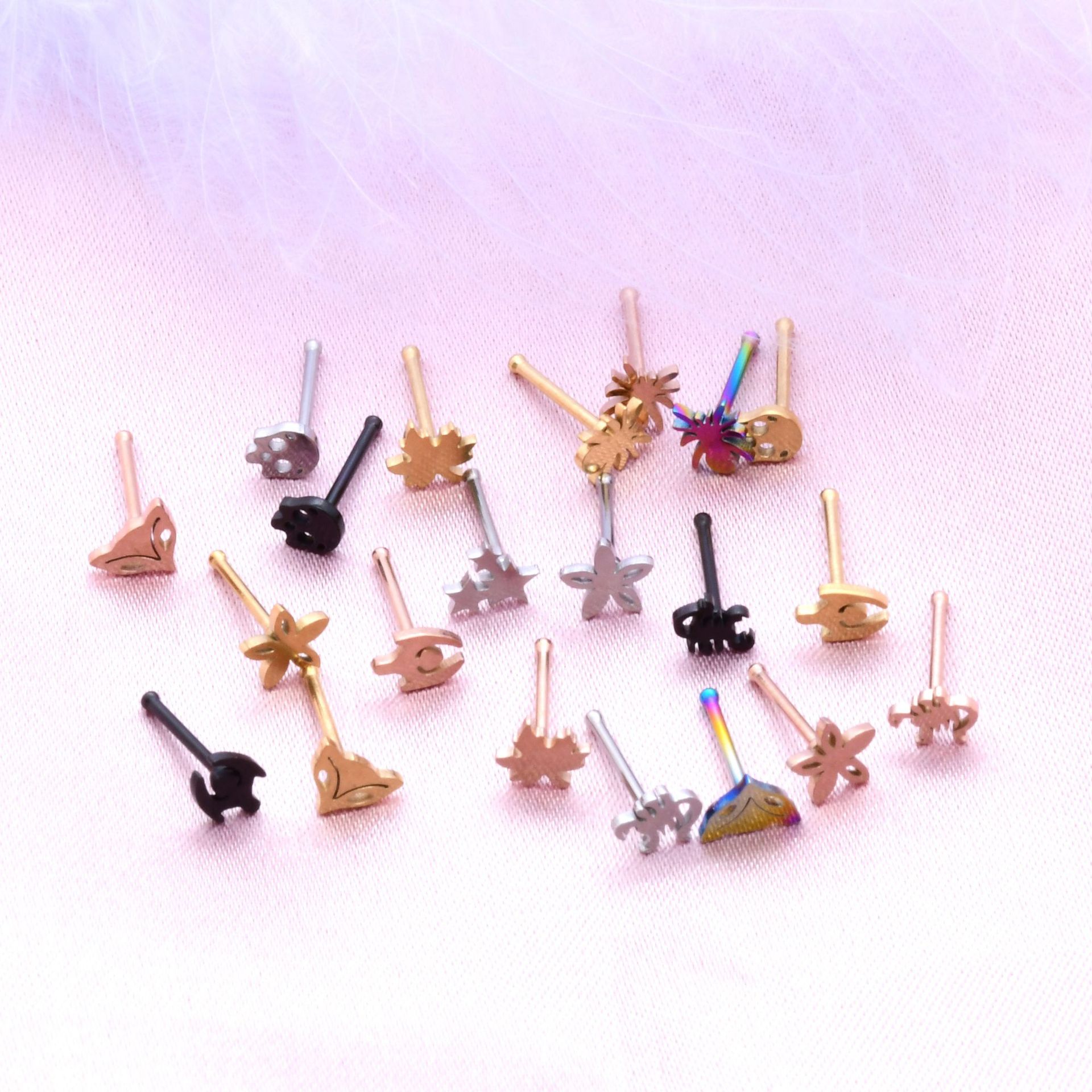Stainless Steel Animal Maple Leaf Round Head Straight Bar Eyebrow Stud Nose Stud Small Ear Stud Body Piercing Jewelry 304 Stainless Steel