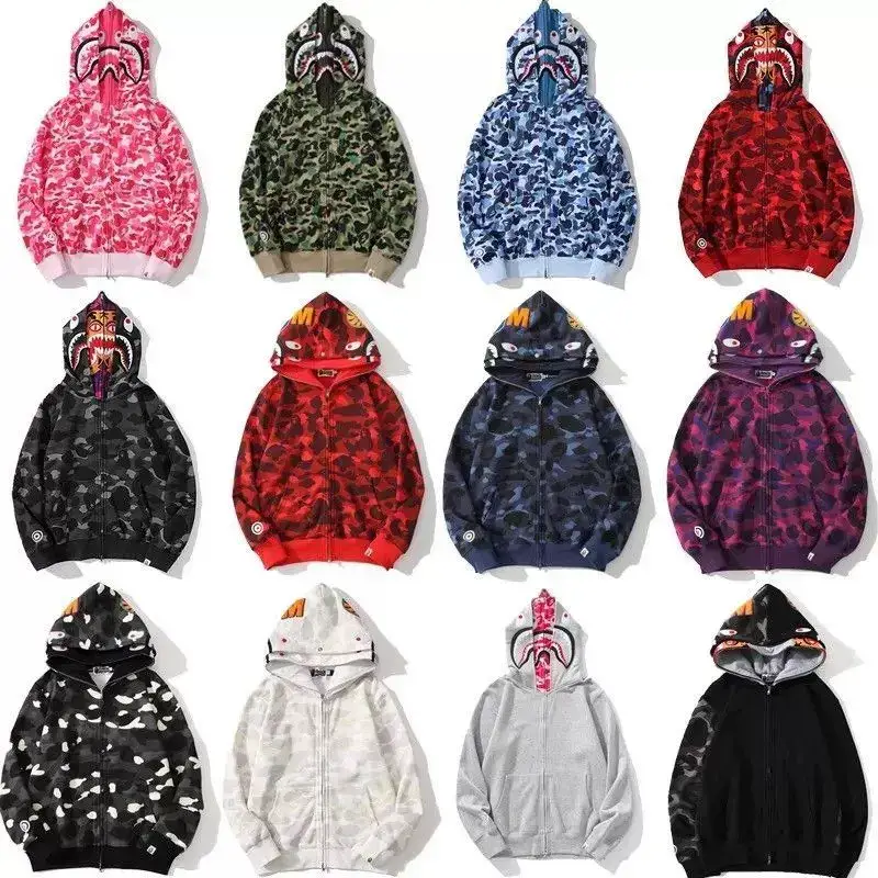 Trendy Brand Ape Hooded Sweatshirt Double-Hood Zip-Up High-Version Shark Bape Shark Camouflage Jacket Parent-Child Matching