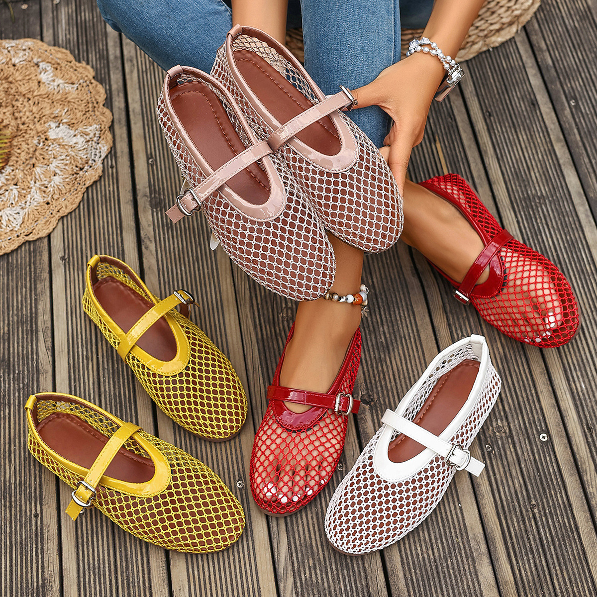 Cross-Border Large Size Soft-Soled Breathable Mesh Shoes for Women, New Flat-Soled Hollow Mesh Shoes, Mary Jane Shoes, Cross-Border Hot-Selling Items