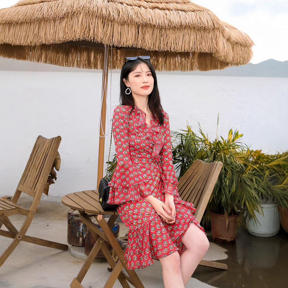 Fairy Ruffled Gauze Skirt, Summer Printed One-Piece Wrap Skirt, Slim Fit, Bell Sleeves, Large Hem Dress
