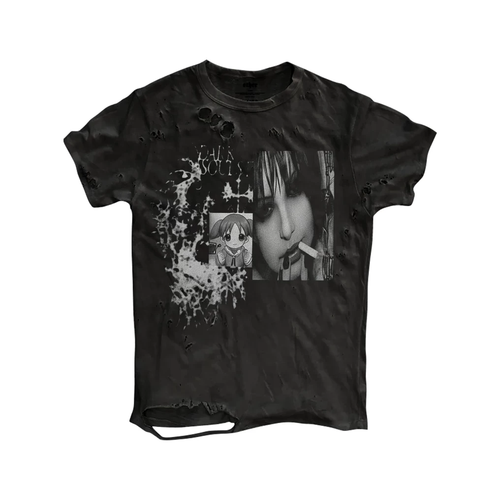 Prism irregular distressed hole retro decadent oversized men's and women's American short sleeved t-shirt