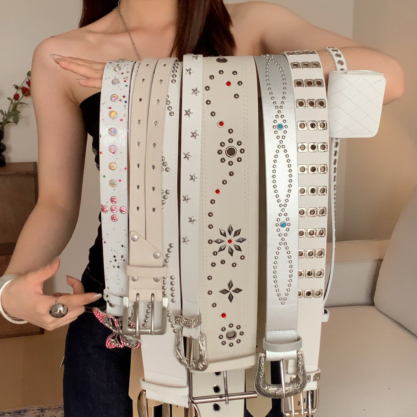 Niche Design Y2K Rivet Belt Women's Versatile Skirt Jeans Accessories White Belt High-End Decoration