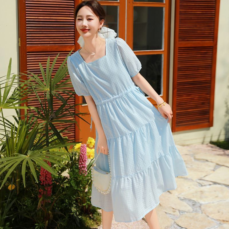 French-Style First Love Gentle Blue Dress for Women, Summer 2026 New Korean Style Fresh and Elegant Waist-Cinching Sweet Long Dress