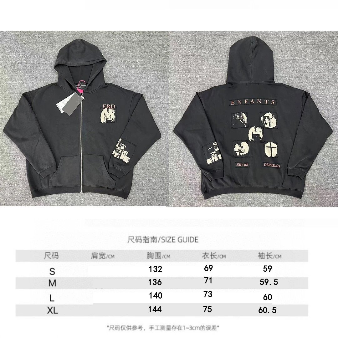 FW25拉链连帽印花落肩袖卫衣水洗做旧美式复古潮TM960647943745
