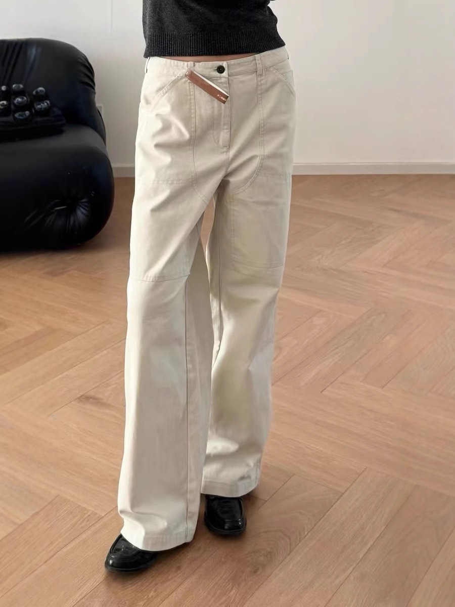 New Cotton Slimming Mid-high Waist creamy-white Wide Leg Loose Retro Classic Washing Water Straight Tooling Pants 3078