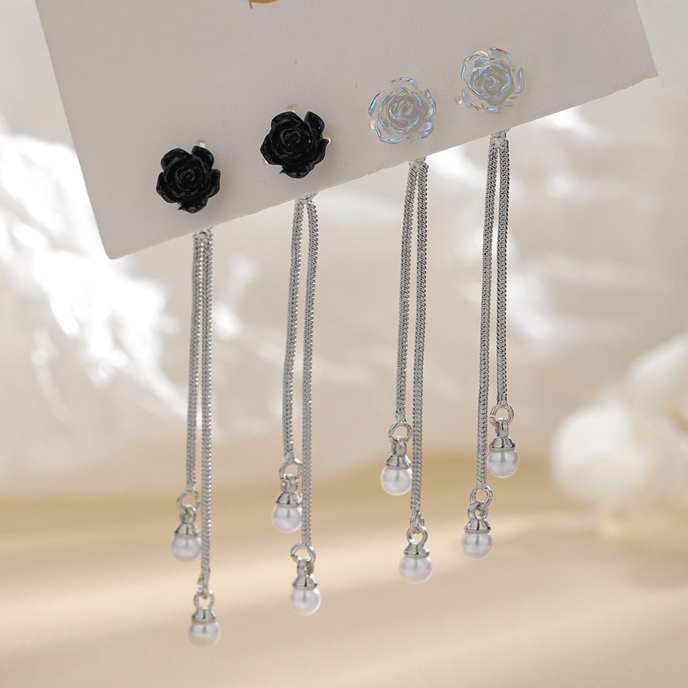 Black Camellia Flower Tassel Earrings, Korean Style Long Earrings That Make You Look Slimmer, Colorful Transparent Rose Flower Pearl Ear Thread