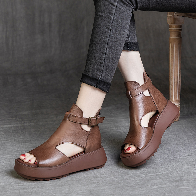 2022 Spring New Genuine Leather Vintage Roman Shoes Thick Sole Wedge Sandals Handmade Buckle Women's Boots Sandals for Women