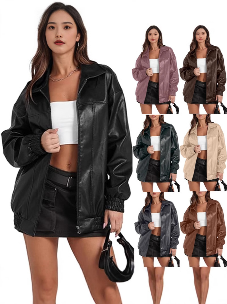 European and American Cross-border Explosions Women's Coat PU Leather Jacket Long Sleeve Lapel Zipper Side Pocket Casual Windbreaker Coat Women