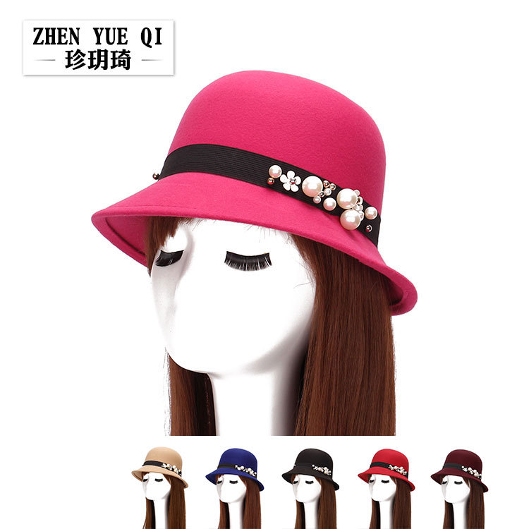 Zhenyueqi Autumn and Winter New Pearl Little Flower Top Hat Women's Imitation Wool Woolen Felt Hat Fashion Dome Hat