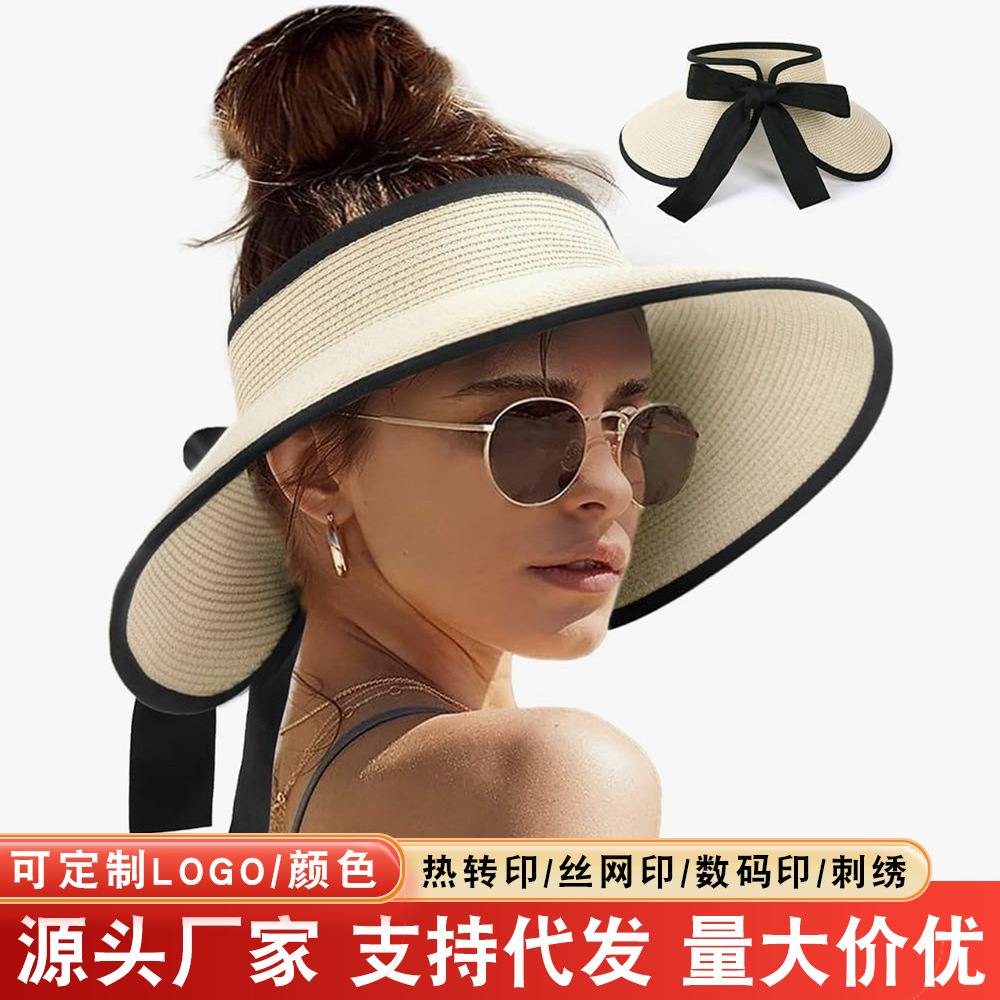 Cross-Border Straw Hat for Summer, Uv Protection, Wide-Brimmed Open-Top Hat for Women, Sunshade, Sun Protection, Outdoor Travel, Breathable Hat