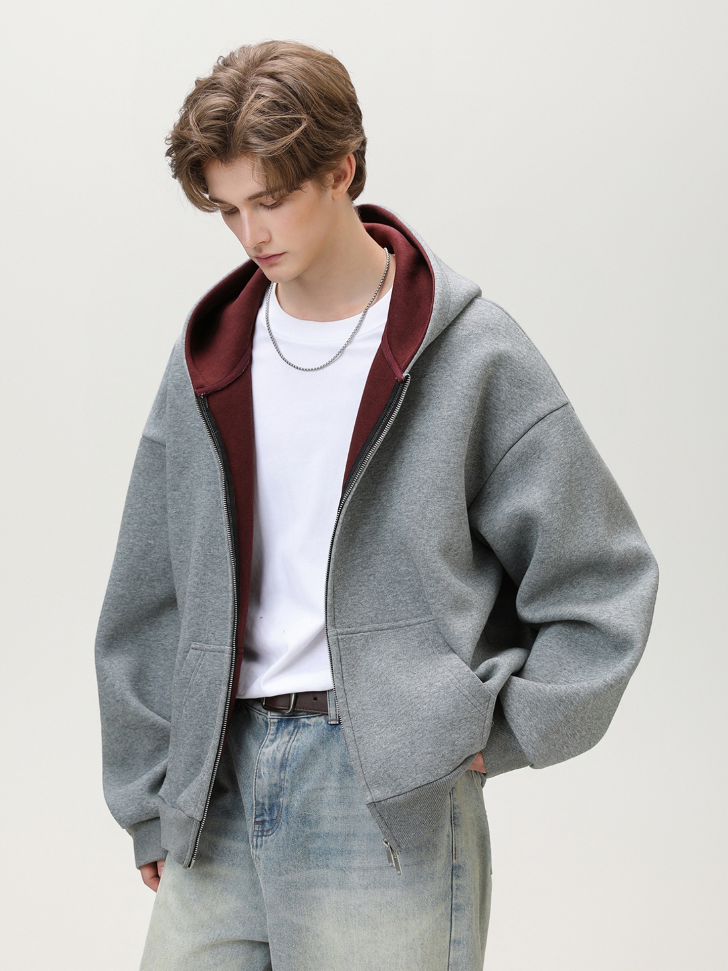 380g Heavyweight Color-Blocked Hooded Sweatshirt for Men, Autumn Style, Loose-Fitting Sports Cardigan Jacket, Trendy Casual Outerwear