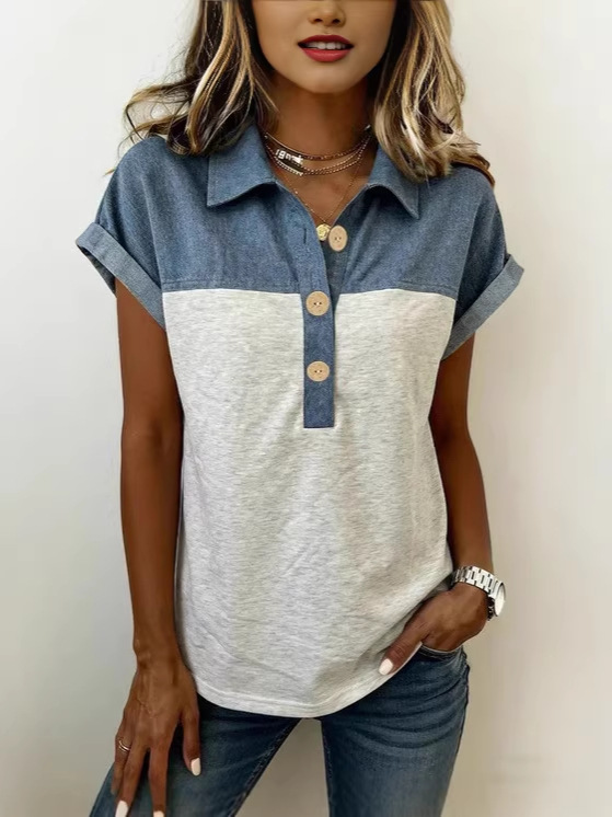 2026 Cross-Border Foreign Trade Women's Clothing Summer New Style Lapel T-Shirt European and American Simple Color-Blocking Plus-Size Raglan Short-Sleeve Top