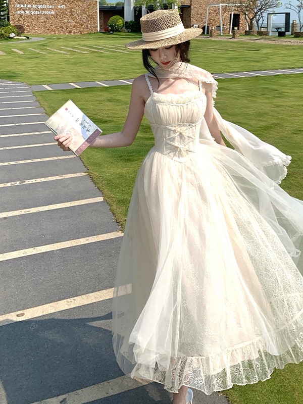 New French-Style Suspender Dress Birthday Gown + Shawl