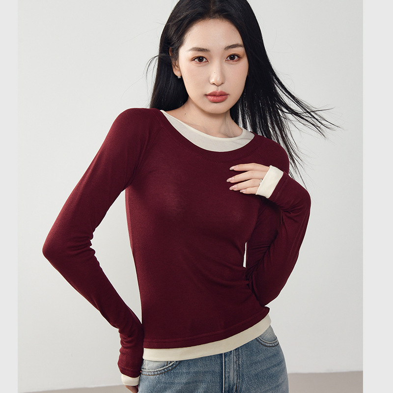 Spring New Style Lyocell Tencel Wool Blend Faux Two-Piece Long-Sleeve Base Knit Top with a Stylish Design