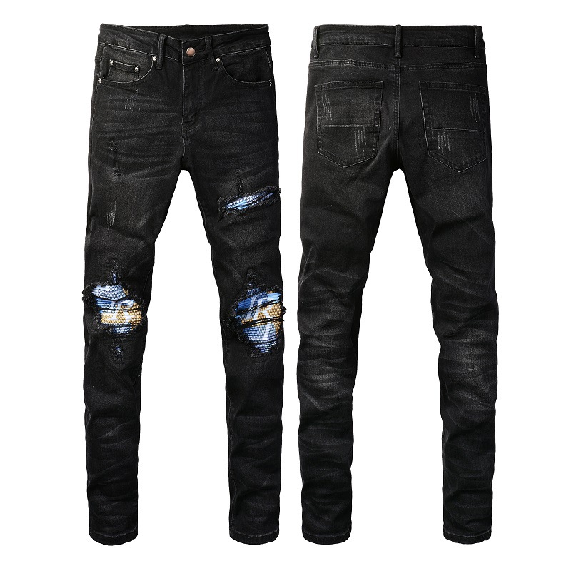 Cross-Border European and American Men's Jeans, Men's Black Ripped Slim-Fit Stretchy Fashionable Trendy Street Jeans 1341