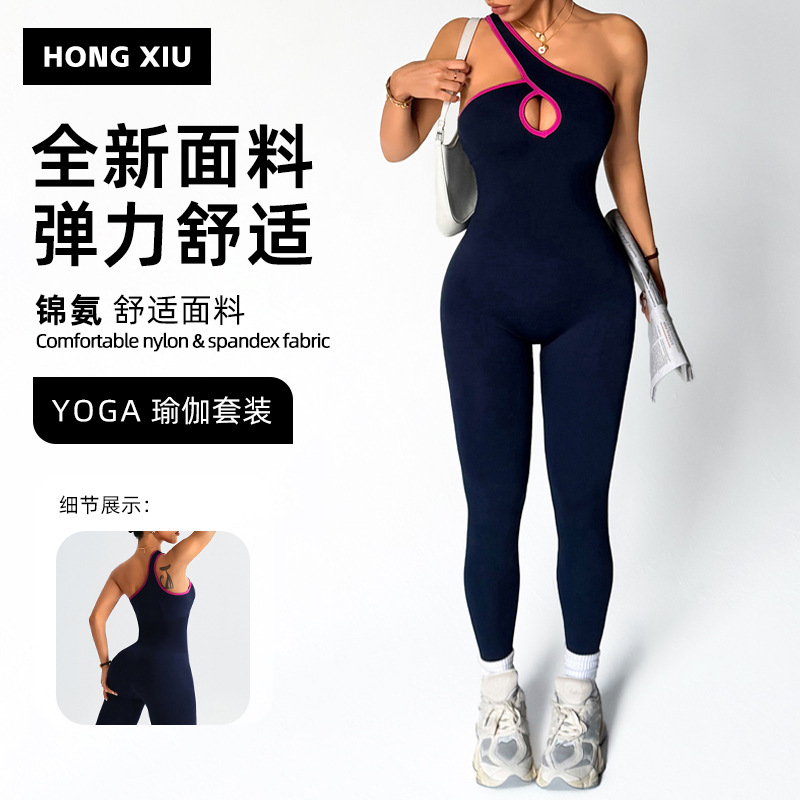 Cross-Border Yoga Jumpsuit for Women, One-Shoulder Hollow-Out Design, Color-Blocking, Butt-Lifting One-Piece Pilates Sports Fitness Outfit