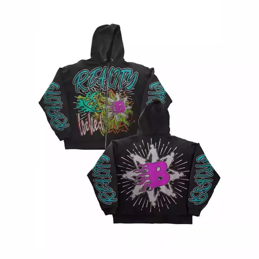 American Street Trend New Vintage Y2K Printed Men's and Women's Zipper Loose Hooded Sweat