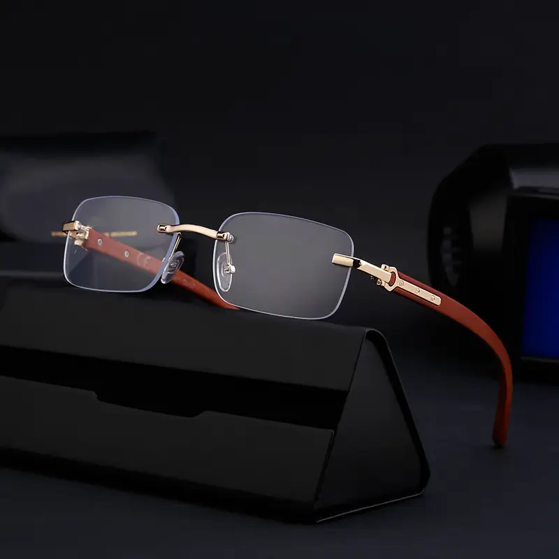 Small Frame Sunglasses European and American New Style Rimless Men's Retro Imitation Wood Grain Temple Sunglasses Trendyy Square Frame Glasses Shades