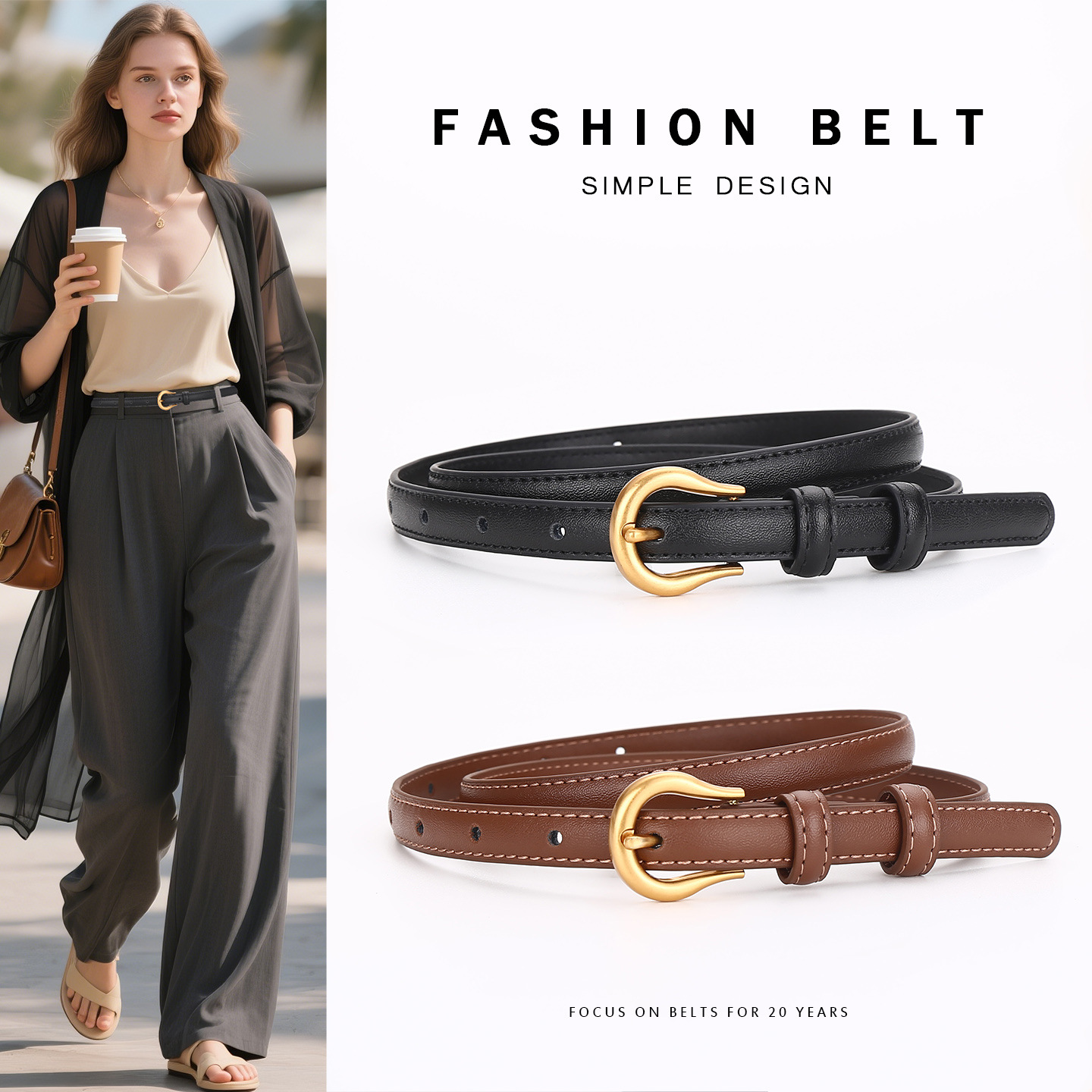 Women's Genuine Leather Belt, Versatile for Dresses and Pants, Slim Style, High-End Fashion, Business, Cross-Border Hot Item