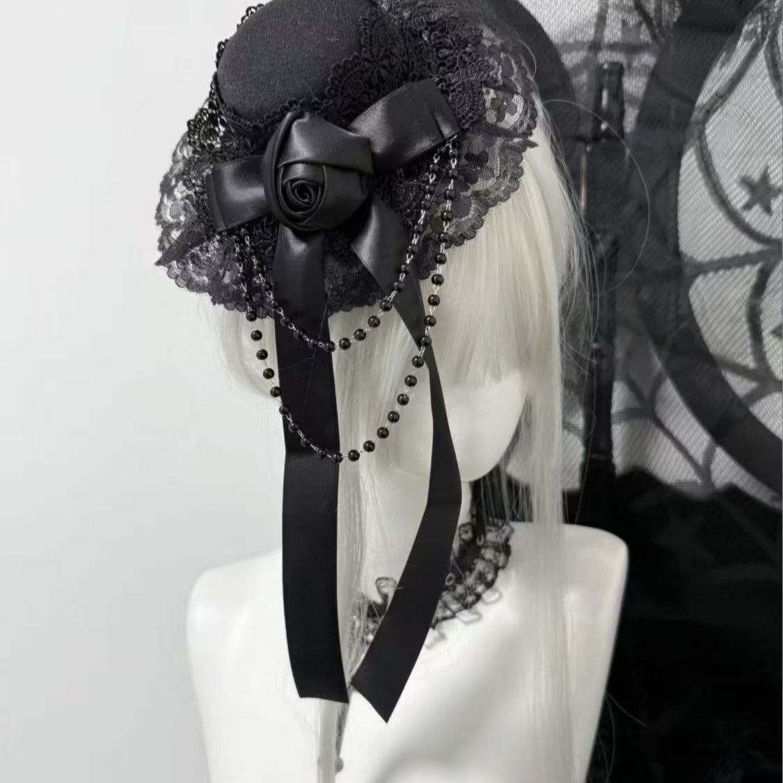 Vintage Gothic Style Lace Hat, Black Satin Ribbon and Pearl Hair Accessory, Lolita Tea Party and Cosplay Hat Clip