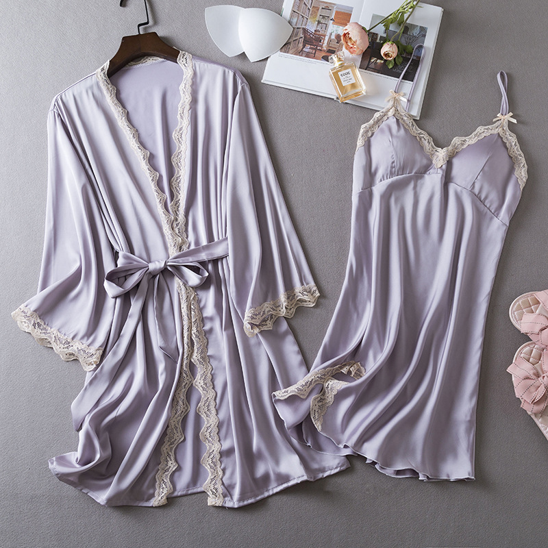 2024 spring and summer new sexy pajamas women's Thin Ice Silk Pure desire style artificial silk nightgown nightdress two-piece set