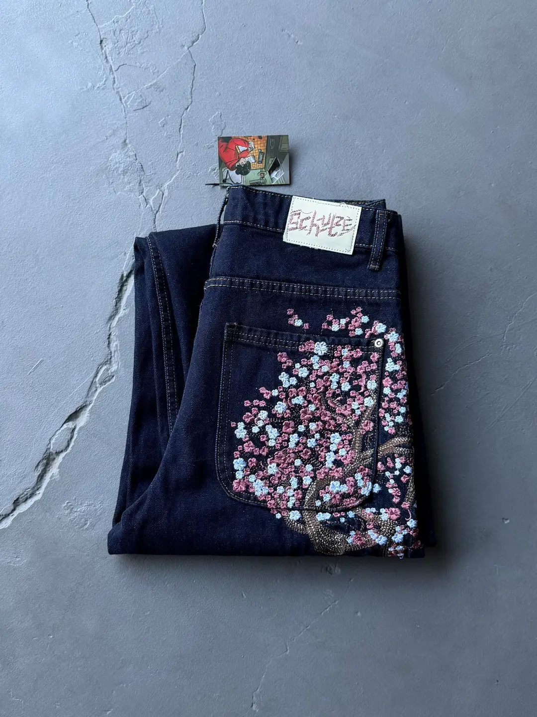 High-Quality Derschutze American Street Heavy Embroidery Cherry Blossom Original Color Straight Jeans Men's Trendy Brand Pants