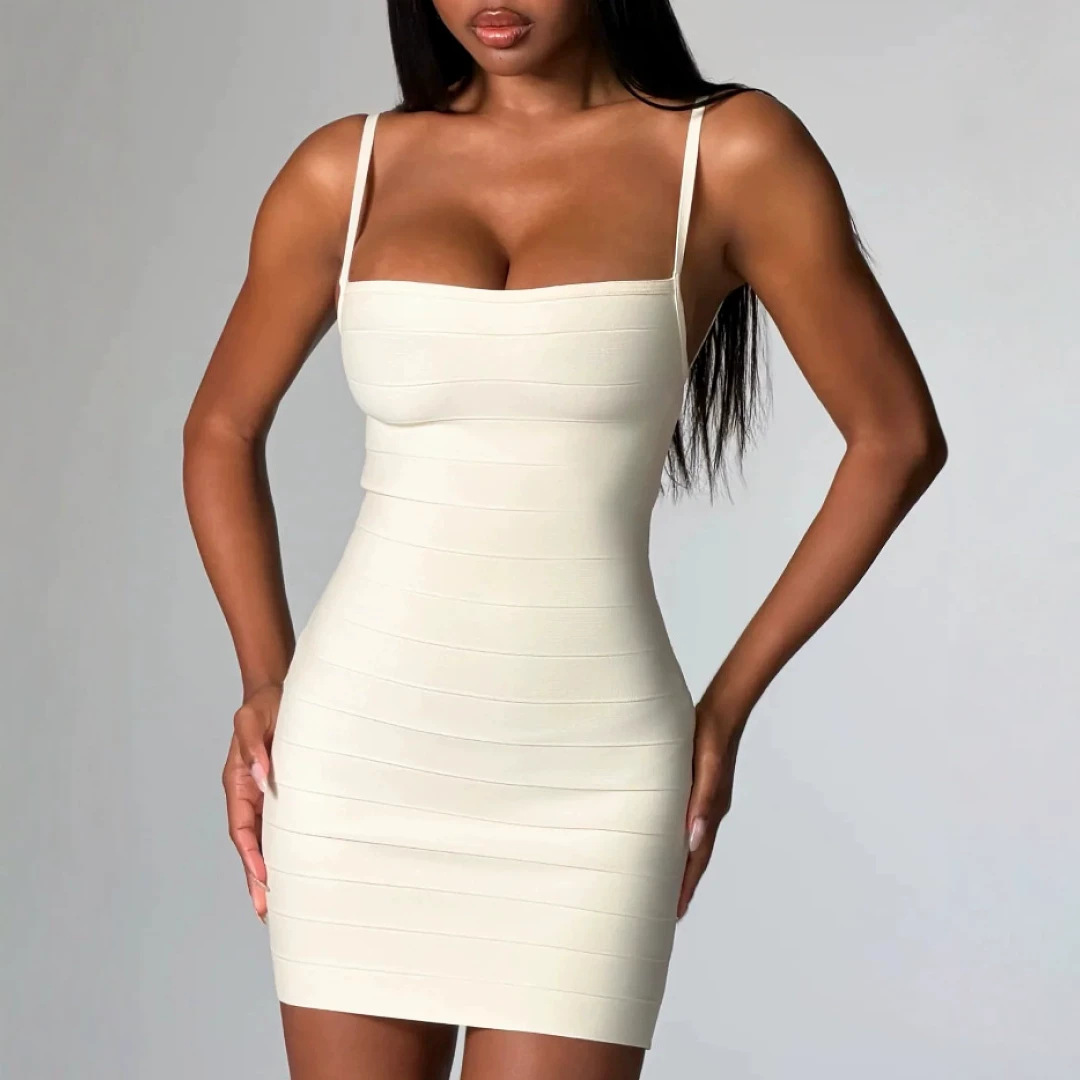 Beige Color Hot-Selling New Foreign Trade Product: Satin Texture Stretchy Bodycon Mini Dress with Square Neck and Straps